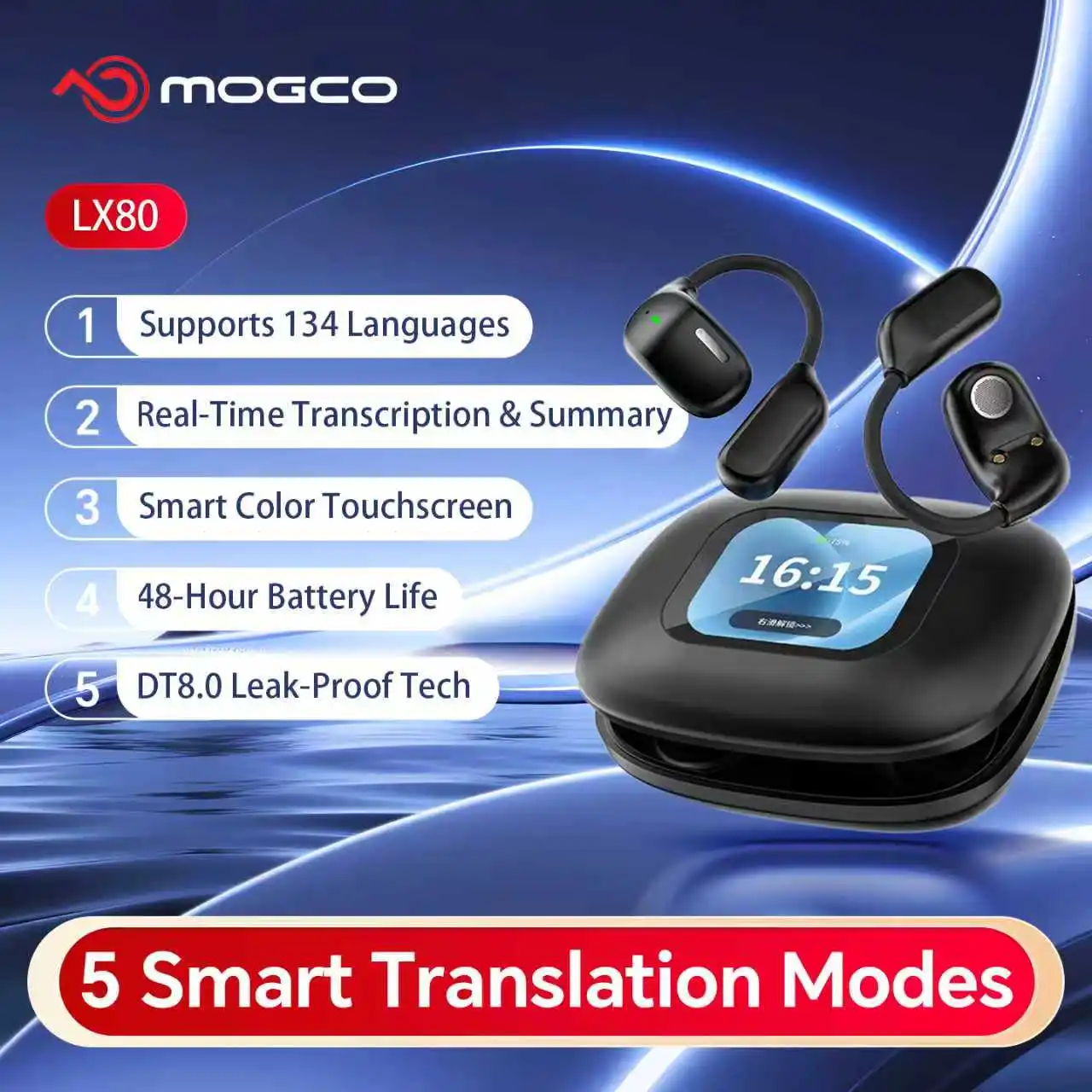

MOGCO LX80 Open Ear Neckband,AI Translate 134 Languages, Leak-Proof, 48H Battery, Real-Time Transcript