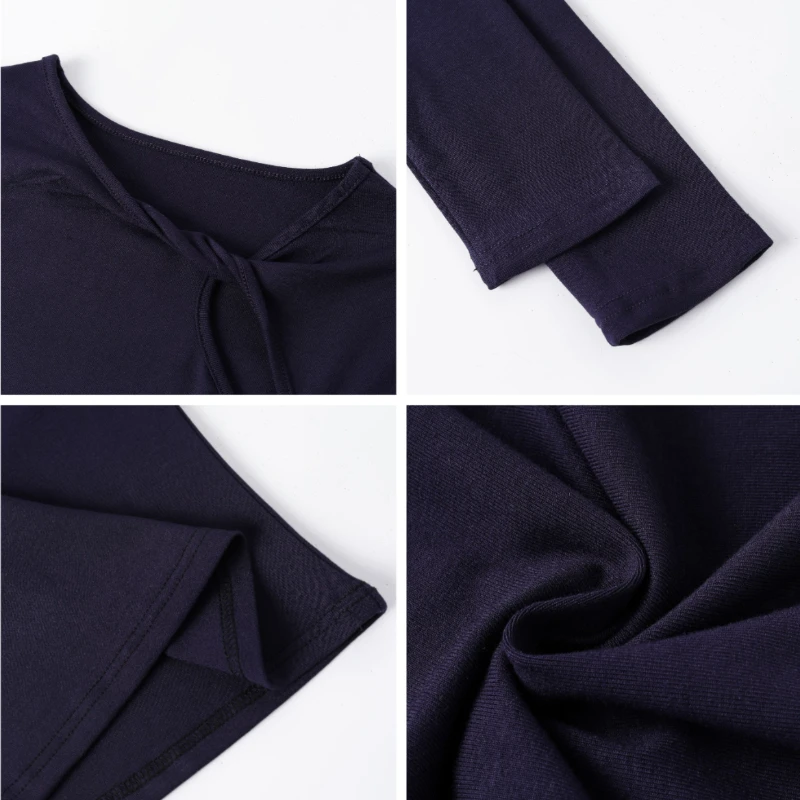 Koreanischer Stil Damen Herbst T-Shirt mit gedrehtem Ausschnitt, langen Ärmeln, schrägem Halsausschnitt, schmal geschnitten, gerippt, elegant, lässig, zum Überziehen geeignet. – Detail 4