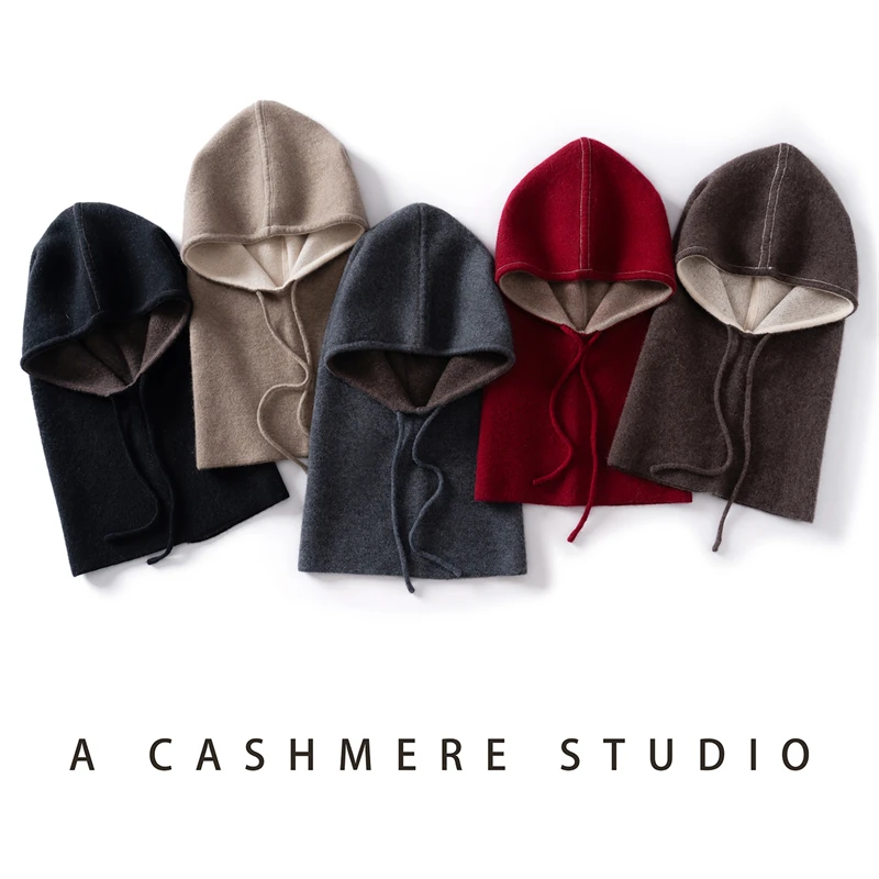 Autumn Winter Women Cashmere Hat Drawstring Warm Cap Balaclava Hat Unisex Neck Scarf Bonnet Double-side 100% Cashmere Knit