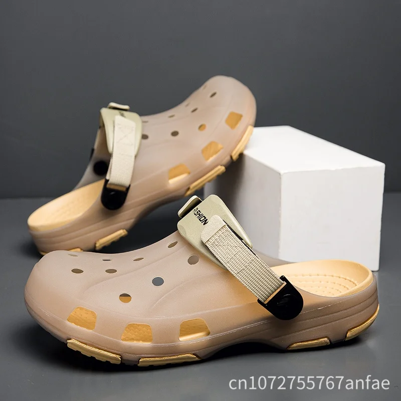 Men's Summer Outdoor Thick Bottom Clog Shoes Beach Anti-slip Headed Slippers Two-use Driving Large Size Sandals Breathable