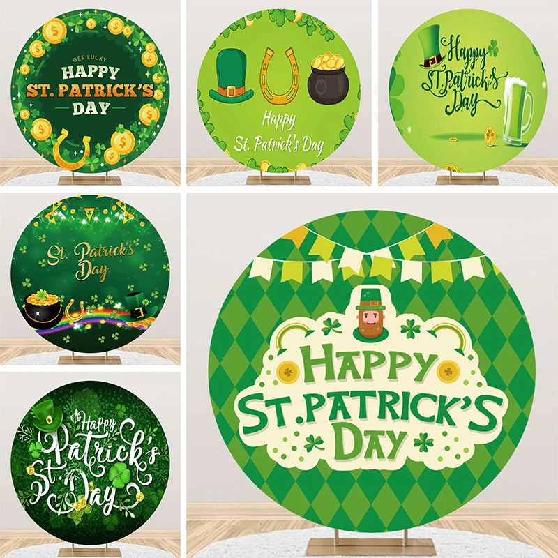 

Happy St Patricks Day Photo Backdrop Round Leprechaun Green Hat Irish Party Lucky Clover Shamrock Decorations Circle Background