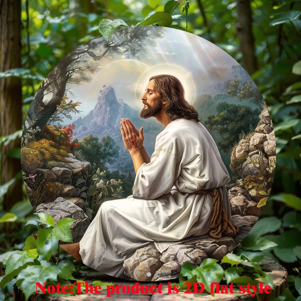 

Jesus Themed Aluminum Decor Sign, Classic Style, Round 2D Flat Print Wreath, Wall Decor, Ideal for Home, Cafe, Apartment