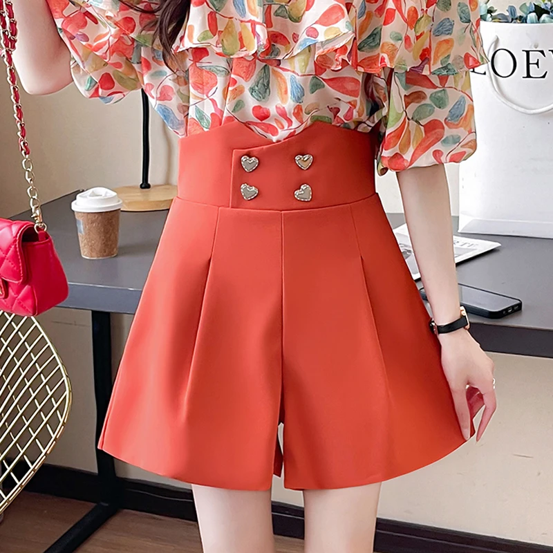

2025 New Summer Button High Waist Wide Leg Short Pants Korean Elegant Fashion Casual Streetwear Shorts Women's Clothing