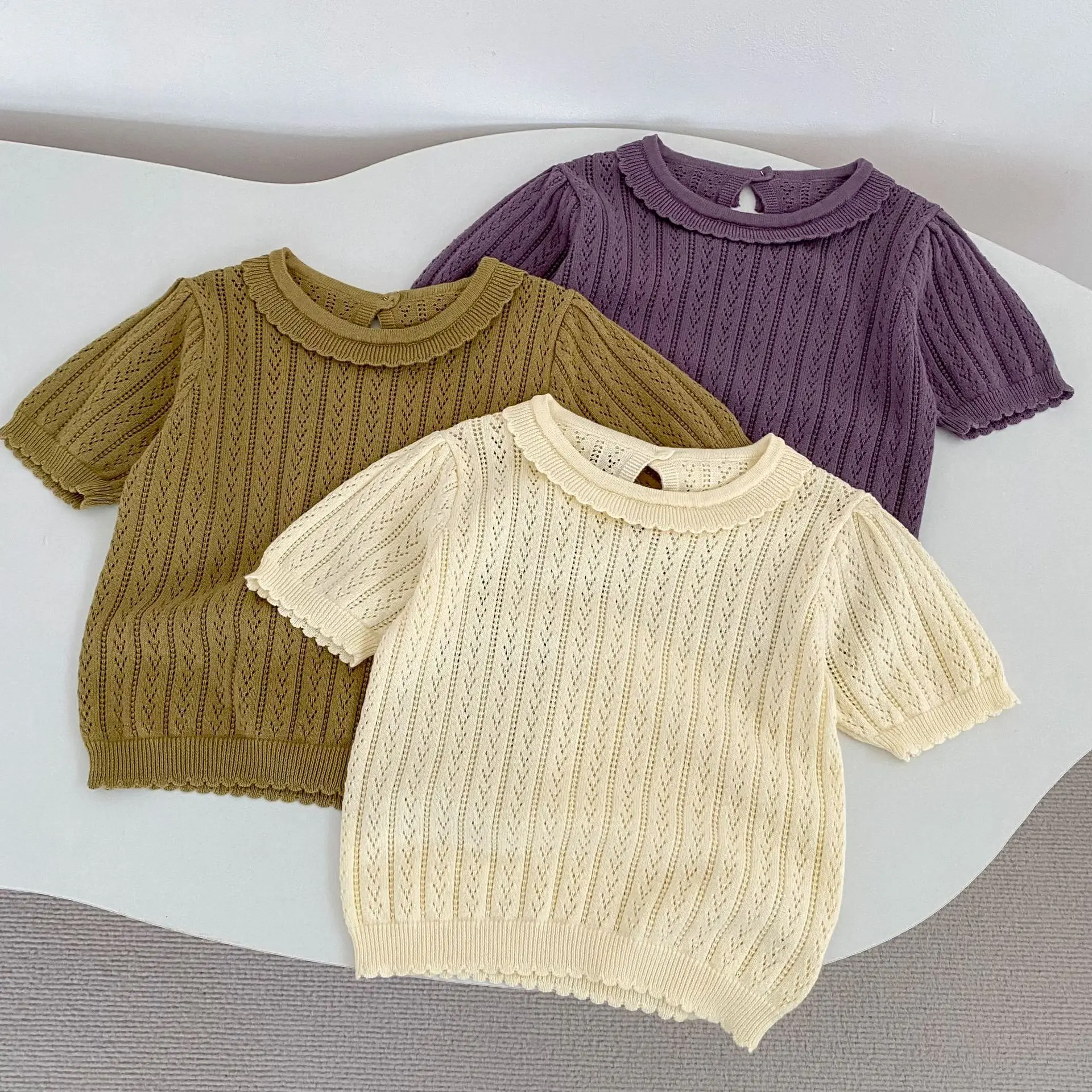 6M to 5 Years Summer Baby Girls Short Sleeve Pullover Sweater Kids Solid Color Knitted Hollow Out Pullover Tops Children Clothes