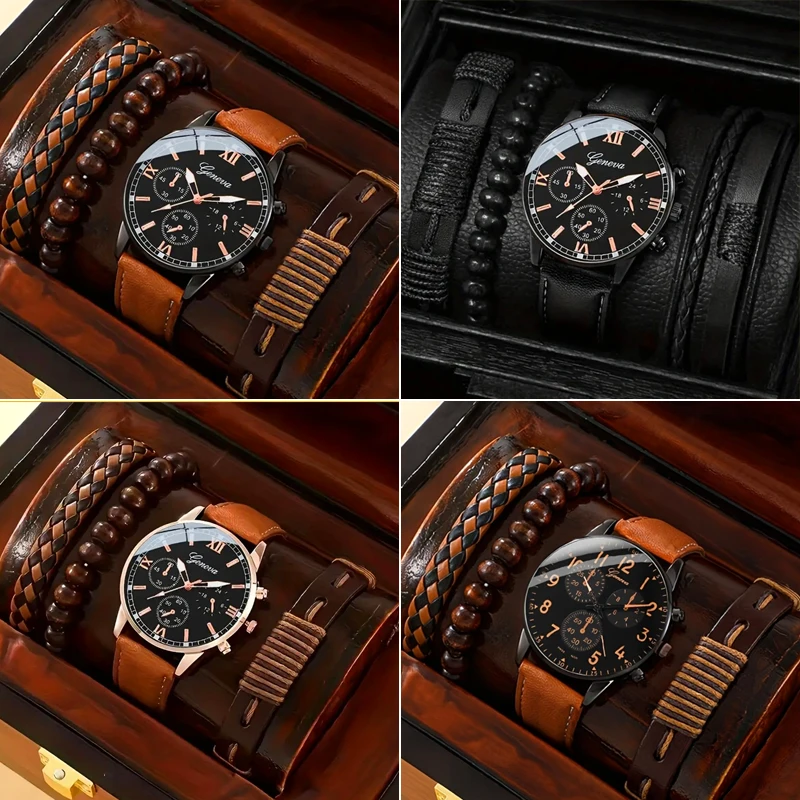 

4PCS Fashion Men Watches Casual Male's Quartz Watch Bracelets Set Relogio Masculino Reloj Hombre（Without Box）