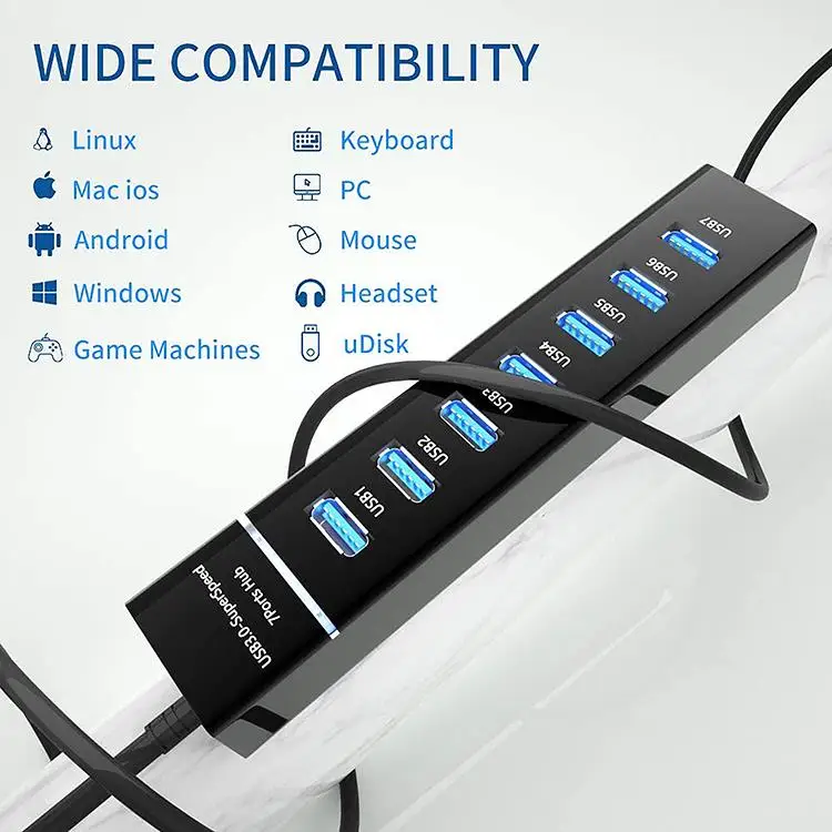 Usb 3.0 Hub Usb Splitter 7 Ports Multi Hub 3.0 2.0 With DC Power Supply Cable Port Computer Accessories For PC Desktop Laptop