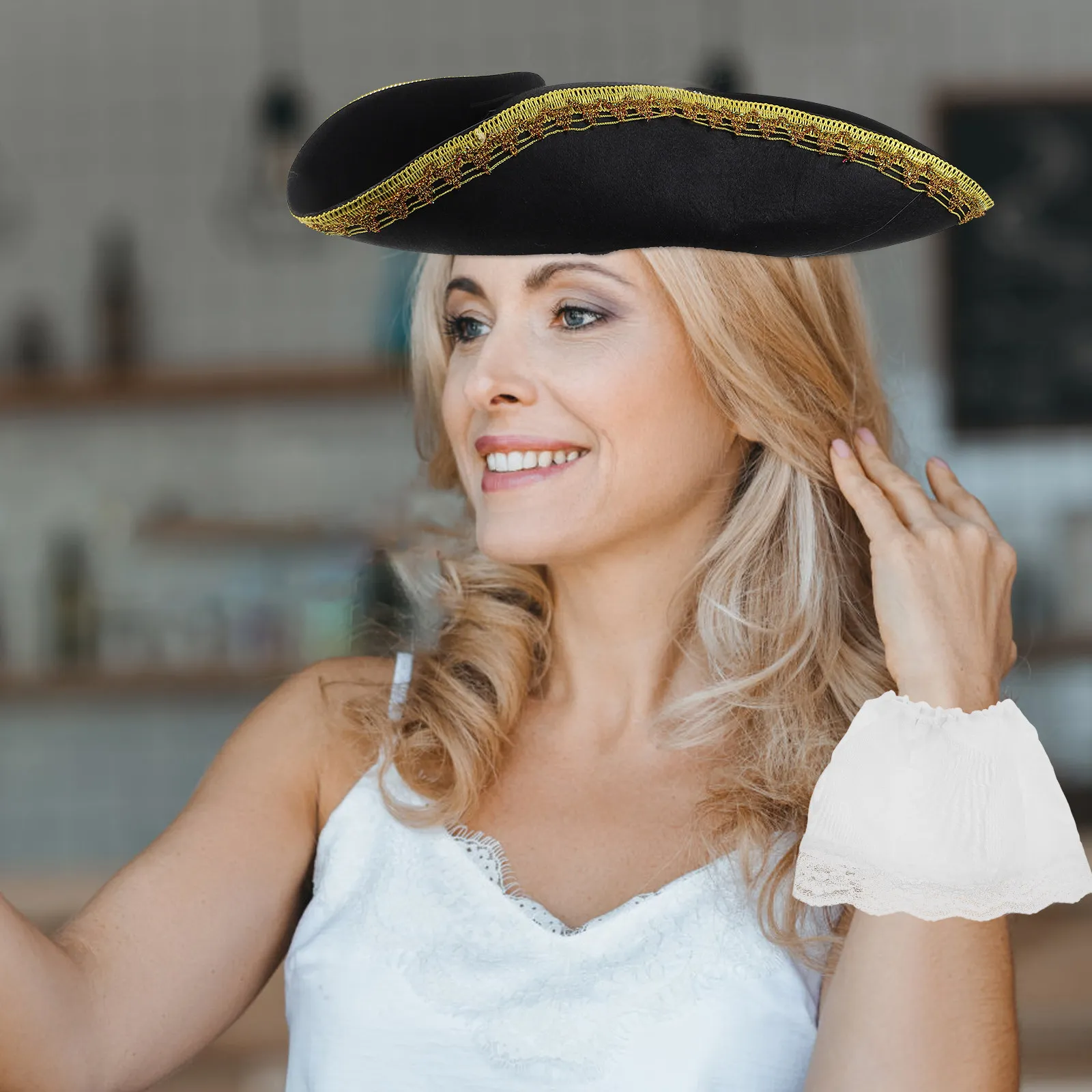 Ensemble de 1 bib de fête, manches et chapeau de pirate, casquette tricorne, accessoire de costume pour Halloween, carnaval, cosplay pour hommes et femmes