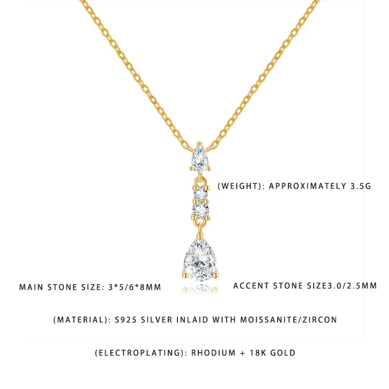 

Elegant Teardrop Moissanite Pendant - 925 Sterling Silver 18K Gold Plated Necklace for Daily Party Wear