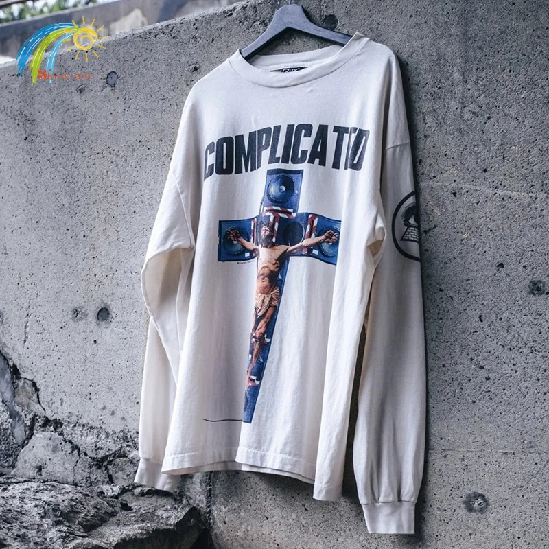 Vintage Cross Print Saint Micheal Long Sleeve T-Shirt Men Women Streetwear Oversized Cement White T Shirt Tops Inside Tags