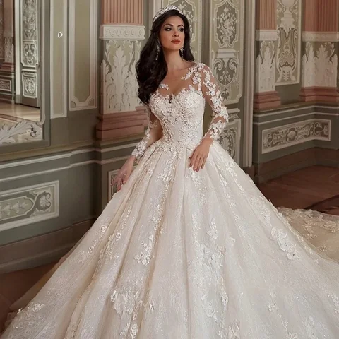 Customized  Gorgeous Ball Gown Wedding Dress Long Sleeve Lace Applique Bridal Gown Princess Bride Marriage Women Clothing