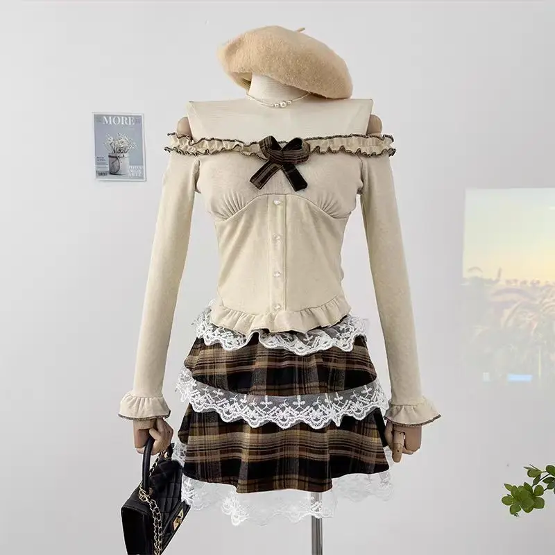 

Японский кавайный комплект Y2k из 2 предметов, женский сексуальный комплект с оборками и бантом, разрезом на шее, тонкие топы, кружевная клетчатая мини-юбка, модный костюм в стиле Лолиты
