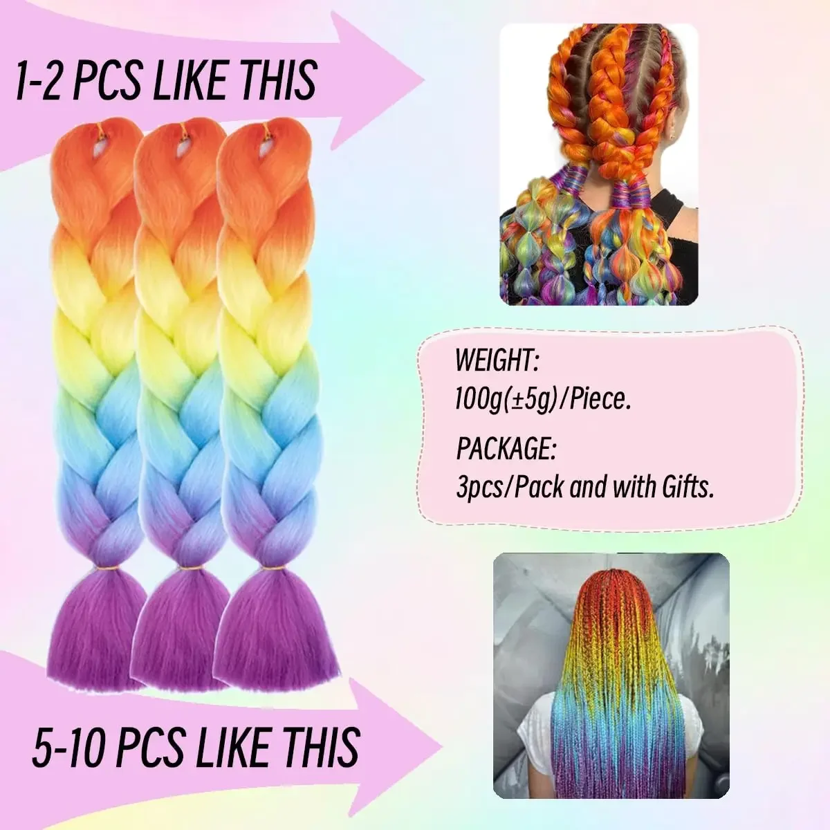 Multicolour 24 Inch Jumbo Braids Extensions Synthetic Braiding Hair Afro Ombre Color Kanekalon Hair for Children/Women Braid