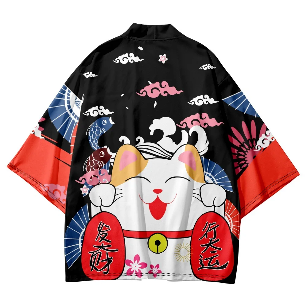 Yukata Cosplay Cat Print Cardigan Samurai Shirt Clothing Traditional Haori Kimono Women Men Japanese Anime Asian Streetwear