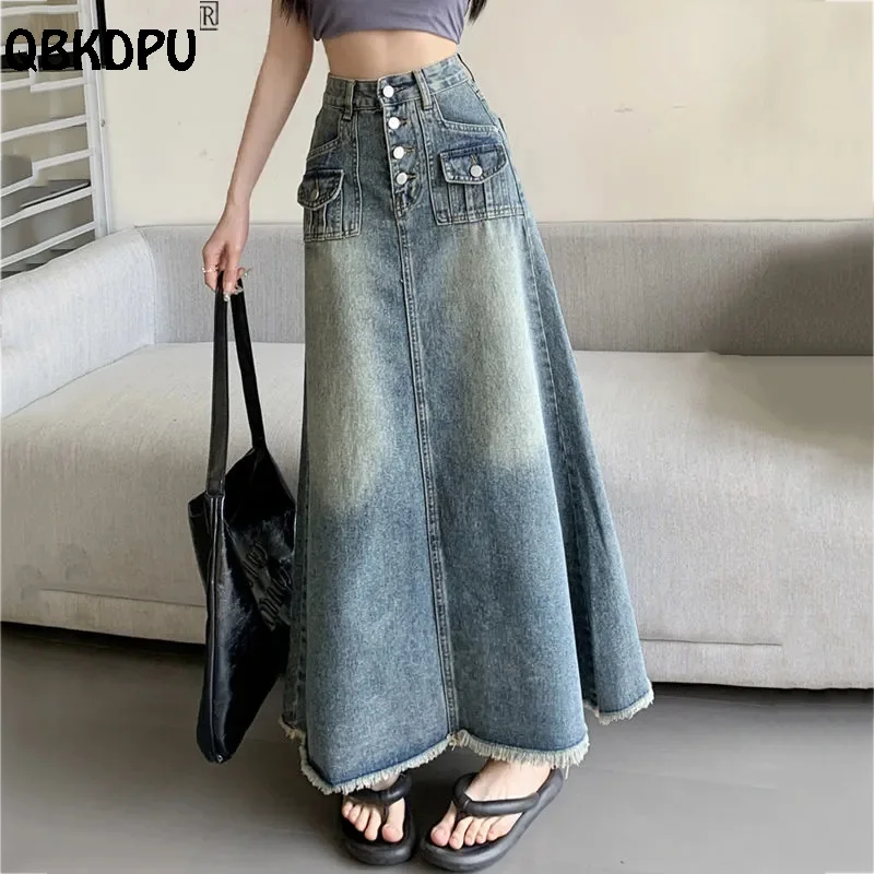 

American Vintage Long Denim Skirt Women Pocket Design High Waist A-Line Skirt Jean Skirts Wash Single Breasted Cowboy Faldas