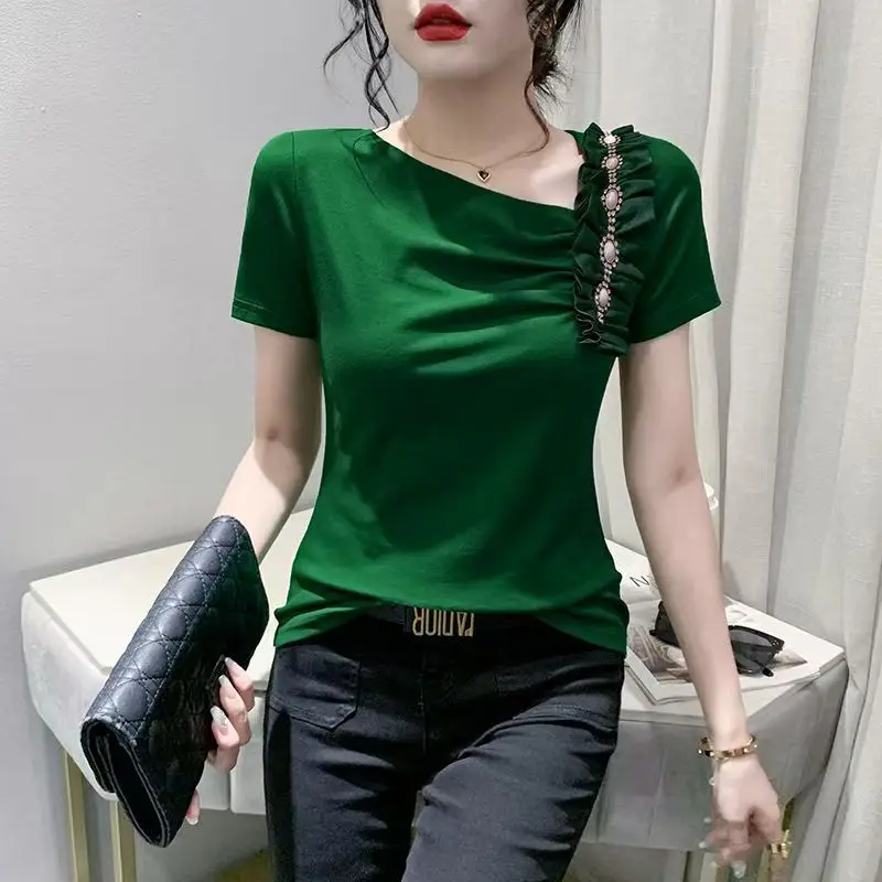 Elegant V-Neck Short Sleeve Beading Blouse 2025 Summer New Korean Pullovers Tops Solid Color Office Lady Shirt