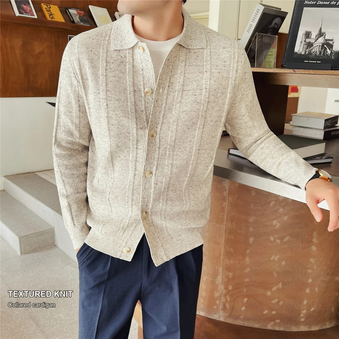 Men's Striped Wool Blend Knit Cardigan with Turn Down Collar Button Front Long Sleeves Thick Winter Casual Layering Sweater Top