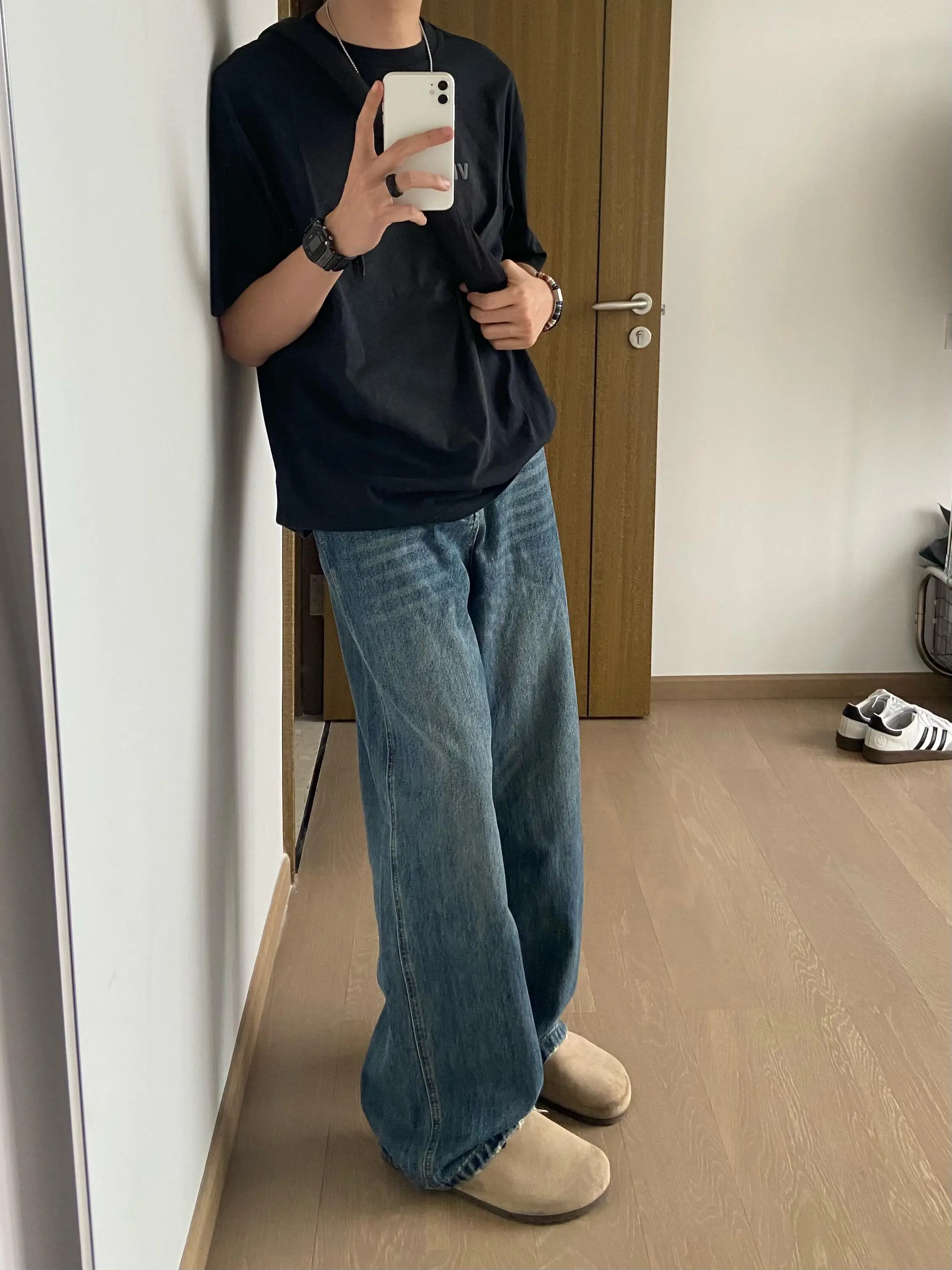 

Washed Blue Loose Men's Jeans Straight Leg Drapey Retro High Street American Style Long Pants Casual Trendy mid Waist Denim