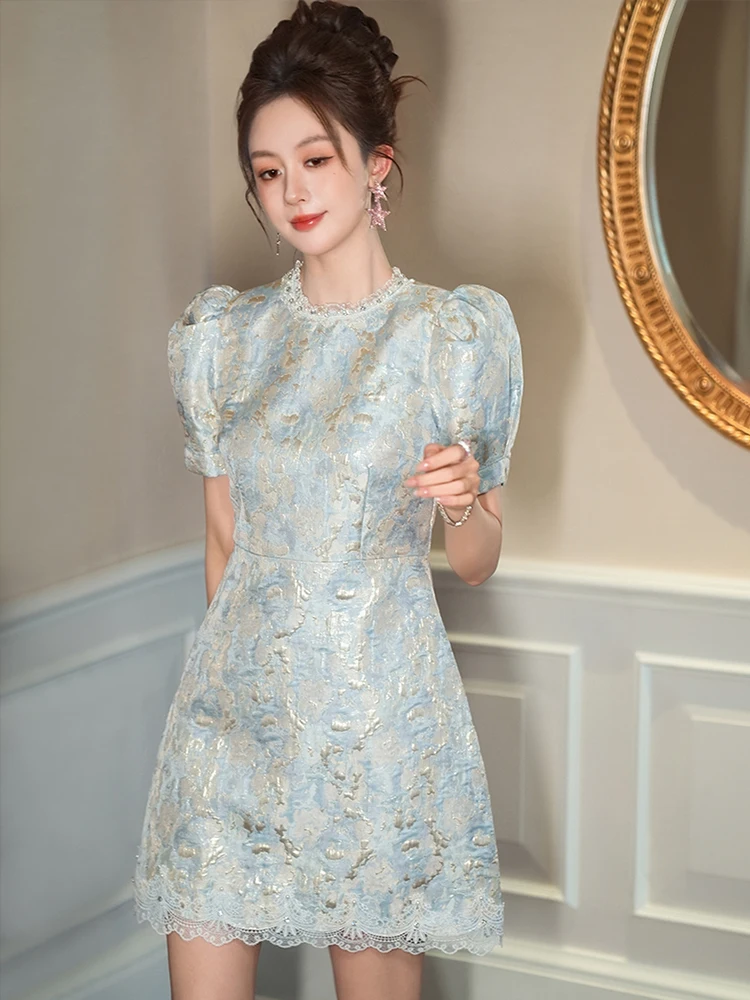レディースフレンチレトロスタイルジャカードショートドレス、光沢のあるシルクバブルスリーブ、レースエッジ、パーティーガウン、女性用プロムドレス、レディースドレス