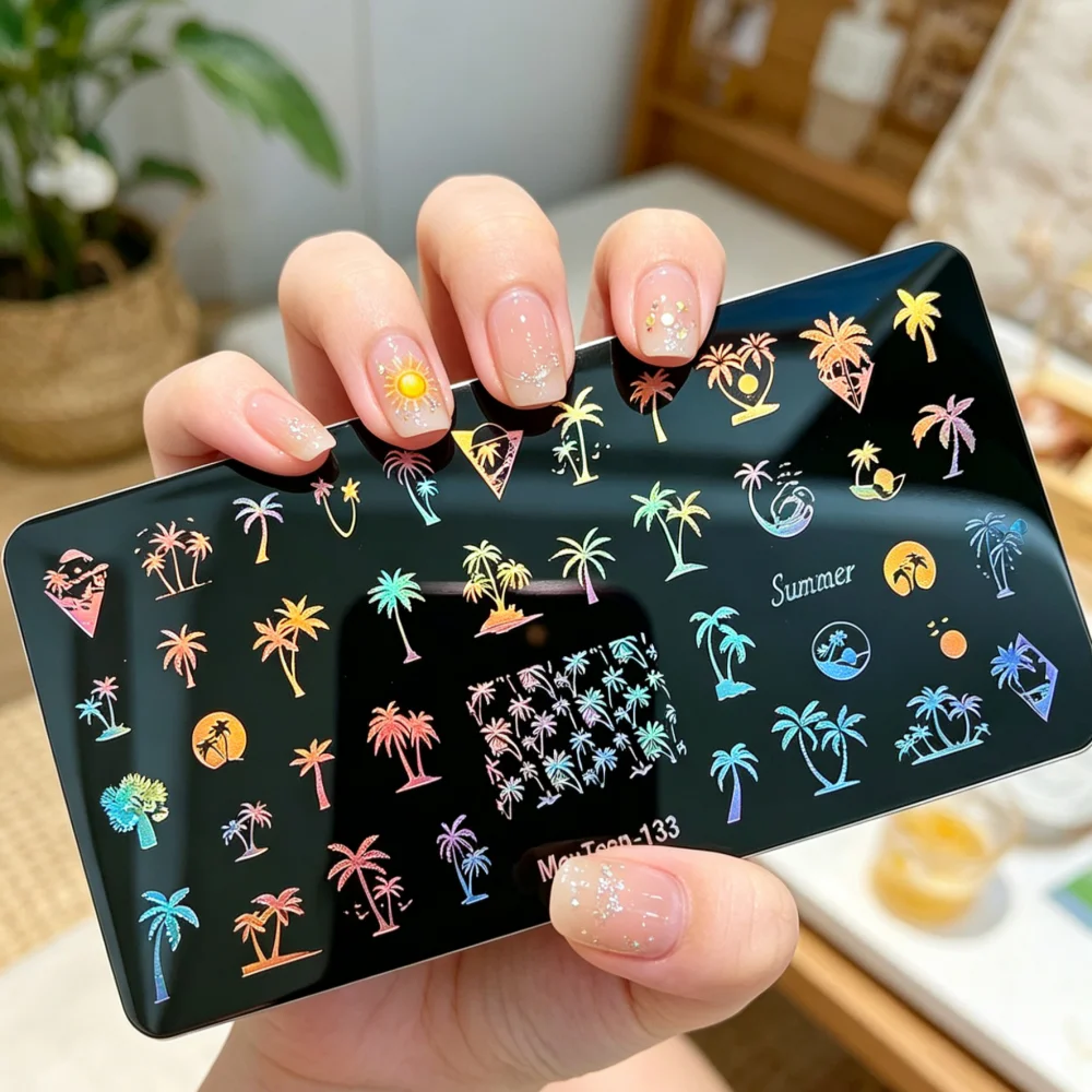 MouTeen133 Summer Tropical Palm Tree Nail Stamping Plate Beach Sunset Wave Nail Art Pemplate Coconut Tree Stamping Plate