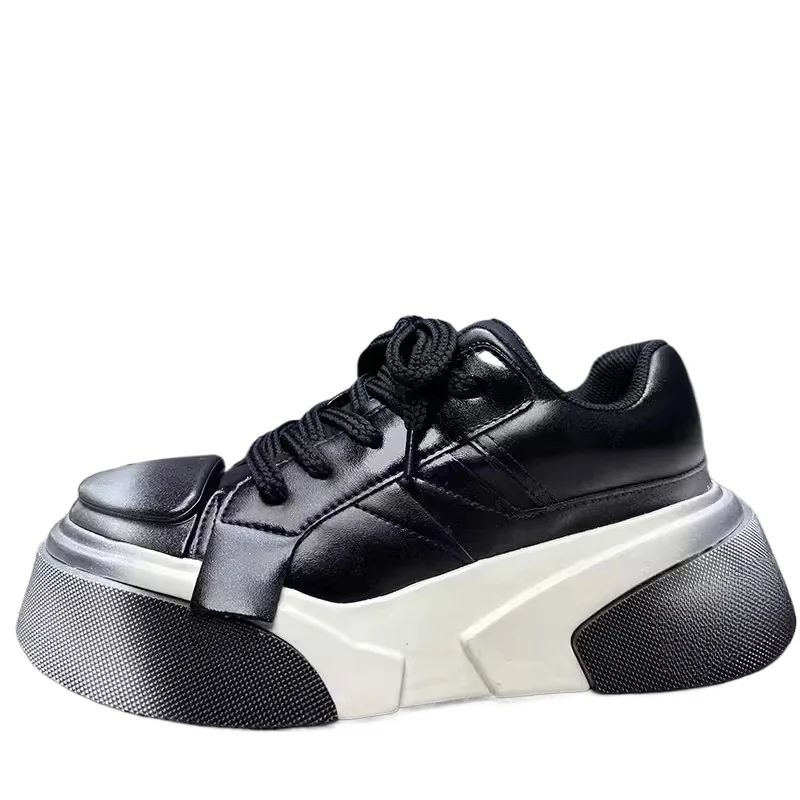 

Europe/American Silver Black Casual Mecha Shoes Ins Trendy Genuine Leather Board Shoes Male Thick Soled Height Increasing Shoes