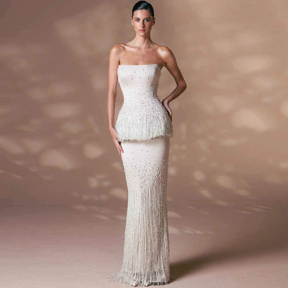 

Exquisite Jersey Strapless Crystal Customized Evening Dress Classic Tassel Bridal Party Delicate Lace Up Back Celebrity Gowns