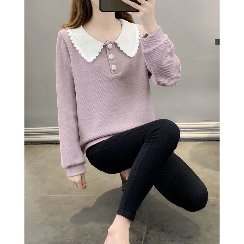 Sweet Fashion Peter Pan Collar Loose Long Sleeve Sweaters Women\'s Clothing All-match Lace Cut Solid Color Knitted Jumpers Female