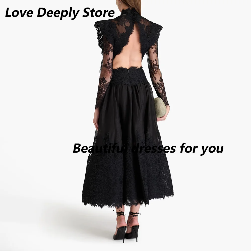 블랙 레이스 이브닝 드레스 맞춤형 하이 넥 긴 소매 댄스 파티 드레스 우아한 백리스 a 라인 특별 행사 가운 2025