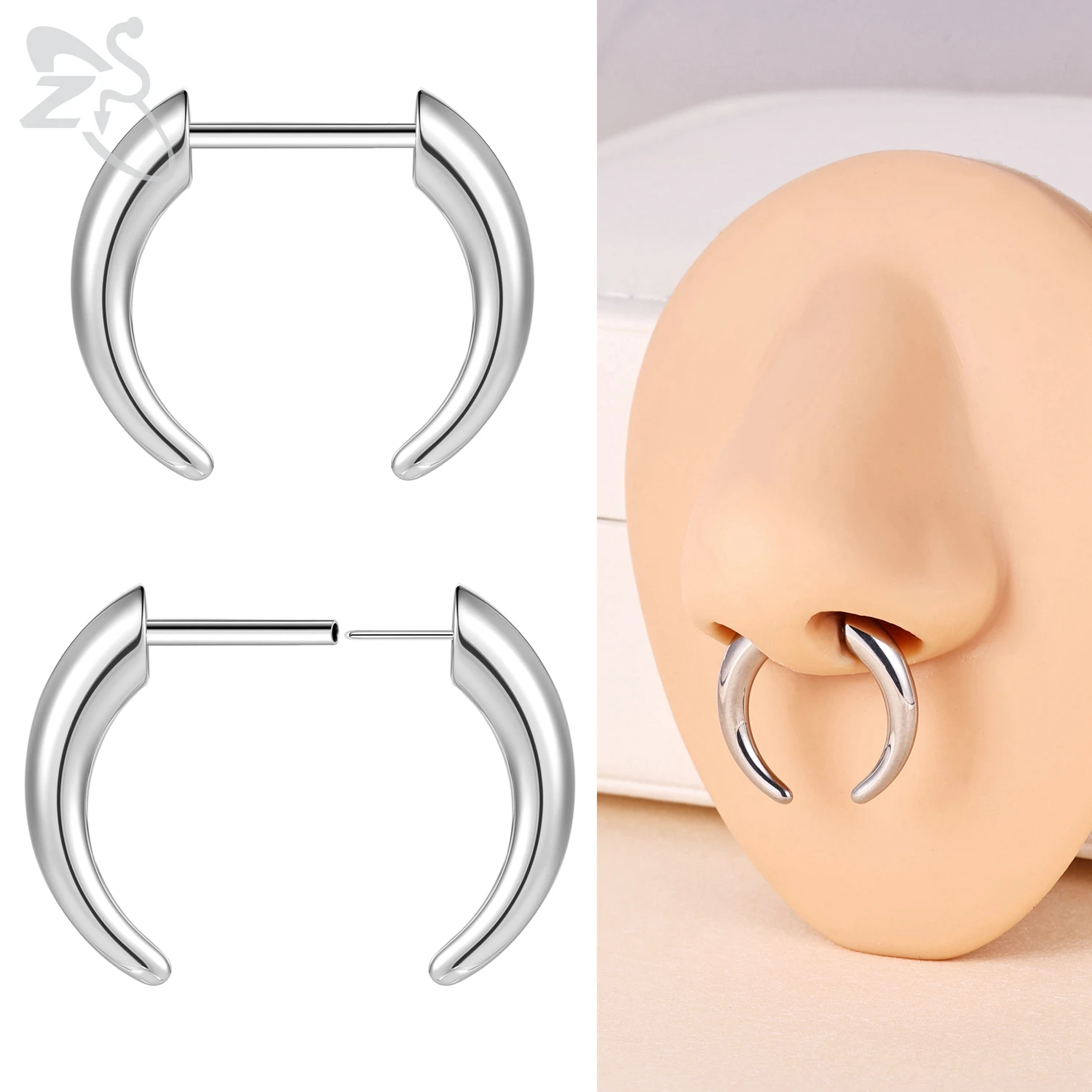 

ZS 1 Piece 16G Threadless Stainless Steel Nose Ring Unisex Horn Shape Septum Piercings 8/10MM Ear Helix Nostril Piercing Jewelry