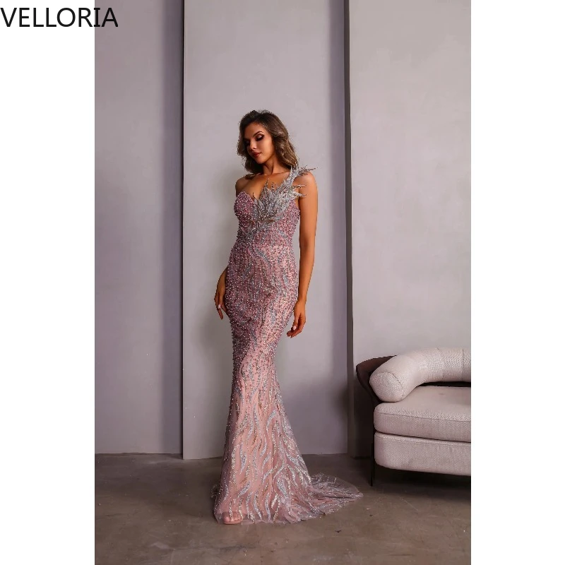 

Pink Lace Evening Dress Sexy Beaded One Shoulder Formal Occasion Dress Luxurious Pearl Floor Length Party Gown Customized