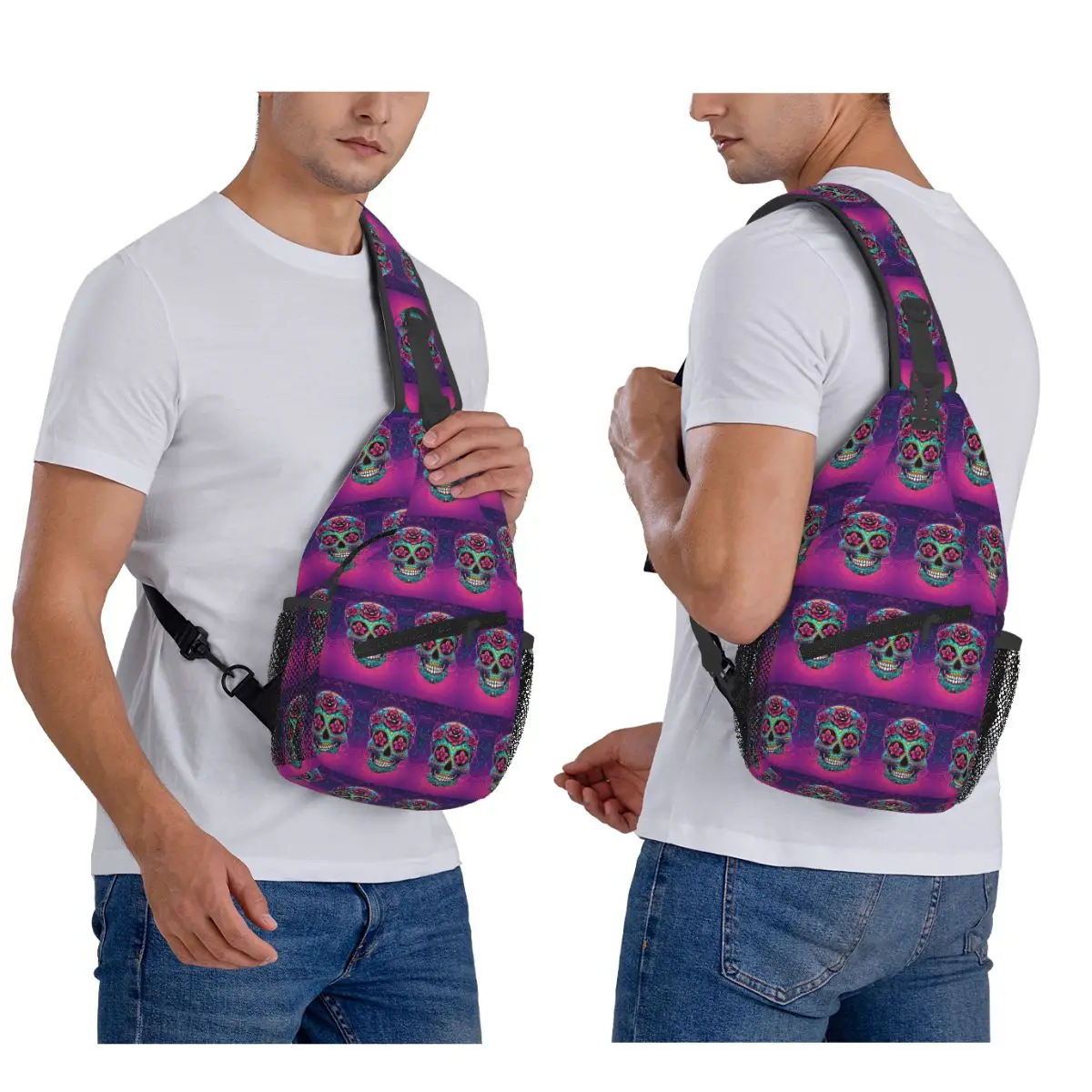 Mexican Sugar Skulls And Flowers Chest Bag Men Sling Crossbody Backpack Chest Bag Traveling Hiking Daypack Shoulder Bag