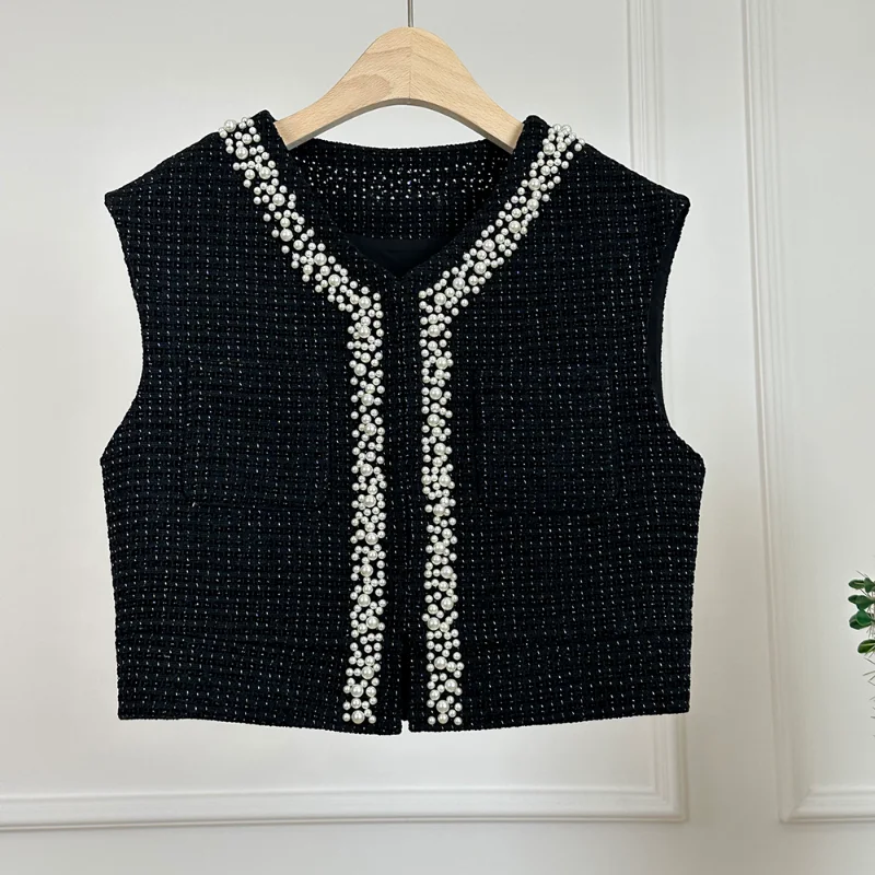 O Neck Beaded White Small Fragrant Vest Women Light Luxury Sweet Fashion Korea Chic Party Birthday Tweed Black Sleeveless Coat