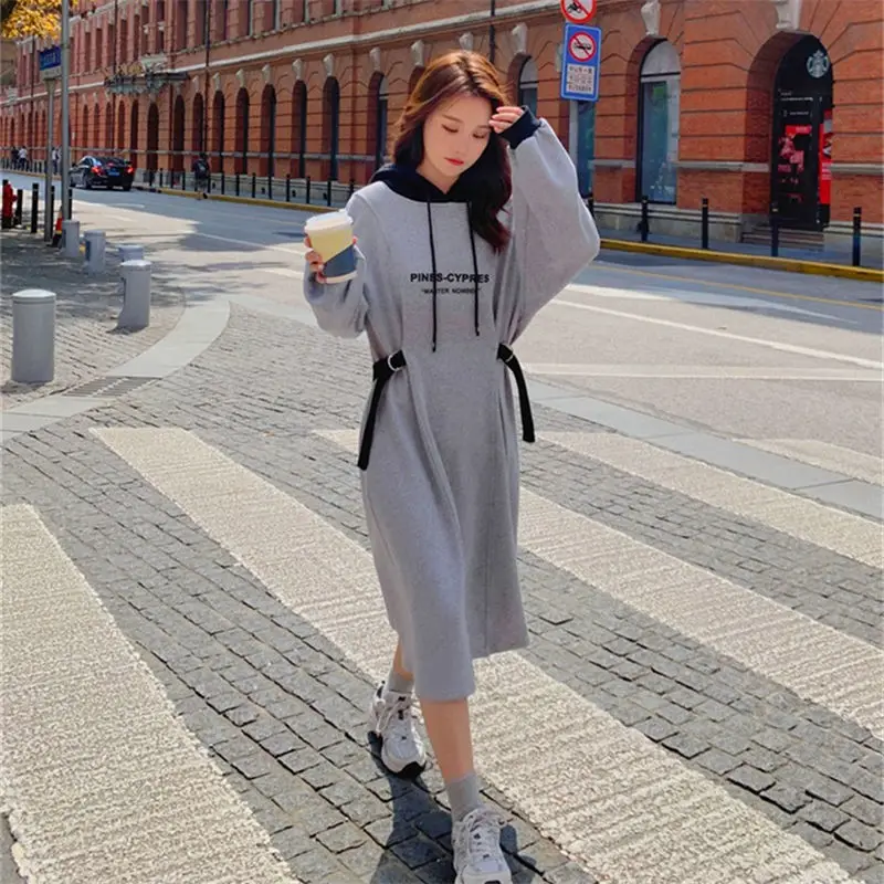 Spring Autumn New Contrast Hooded Casual Dresses Long Sleeve Letter Printing Lacing Dress Vintage Fashion Women Clothing