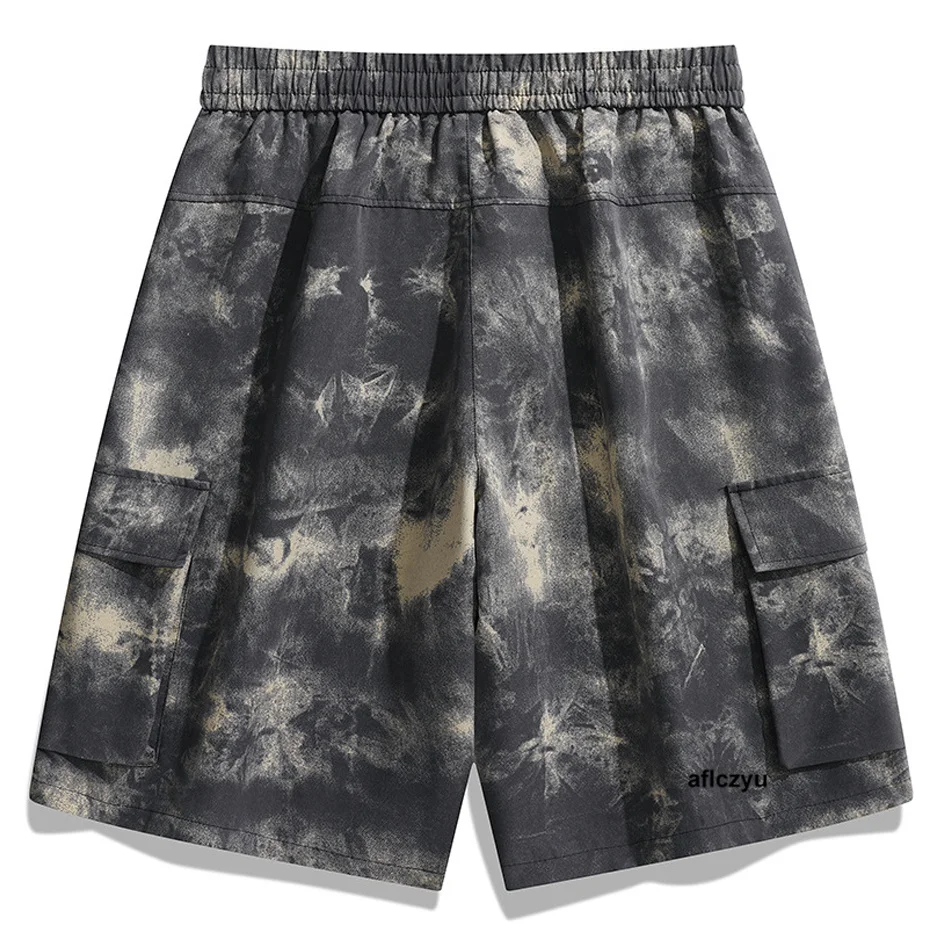 Calção cargo de tie-dye masculino, elástico na cintura, calça casual, calça curta de verão masculina, aflczyu, moda