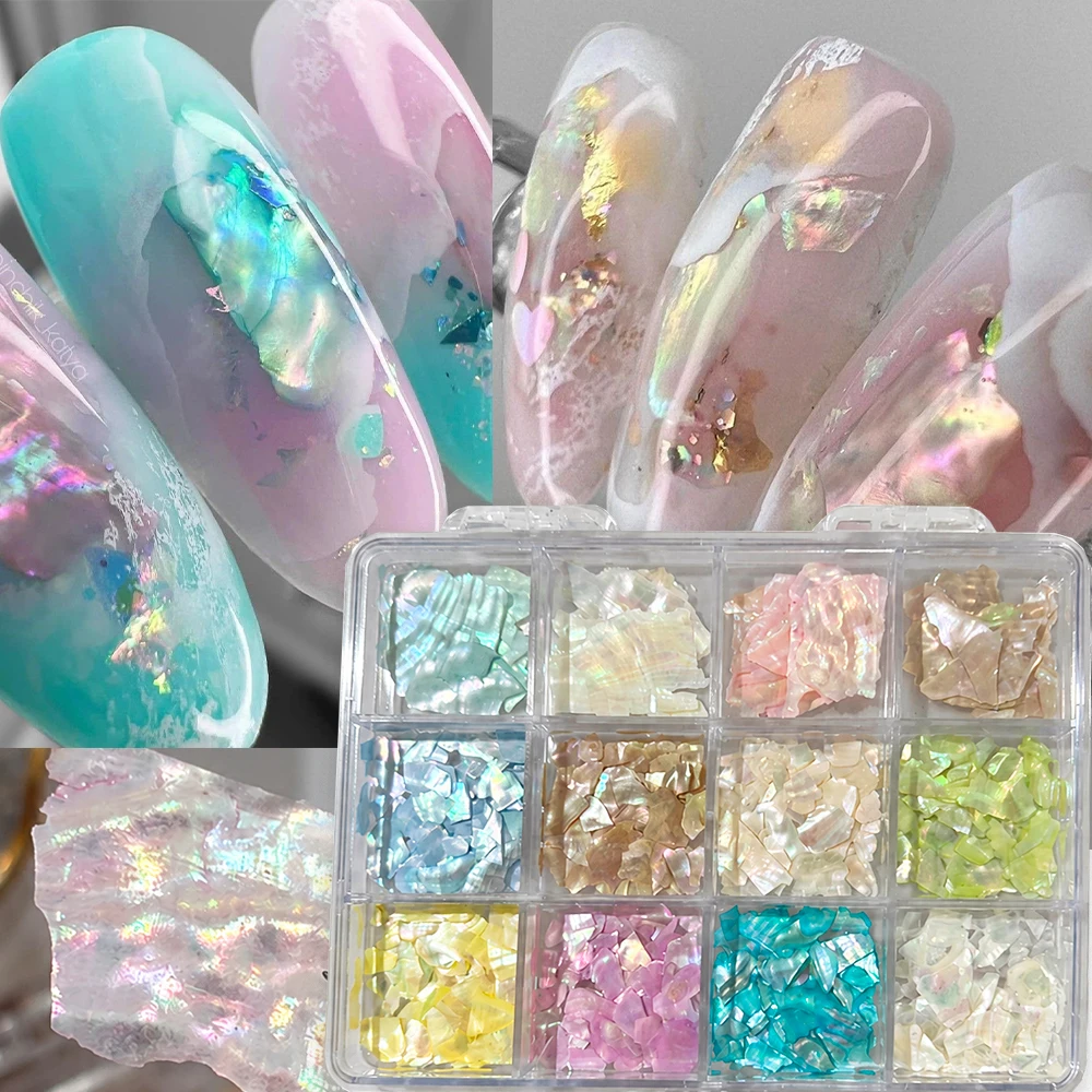 12 Grids Iridescent Abalone Shell Flakes Nail Slices Mixed Color Irregular Aurora Seashell Fragments 3D Nail Art Decorations DIY