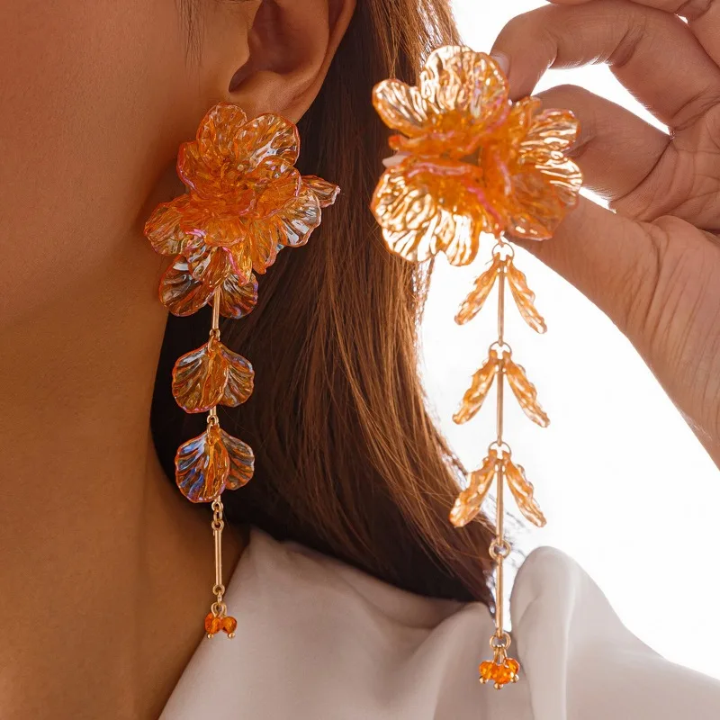 Colorful Flower Shaped Petal Tassel Pendants Earrings for Women Elegance Personality Exaggerated Fashion Holiday Jewelry New