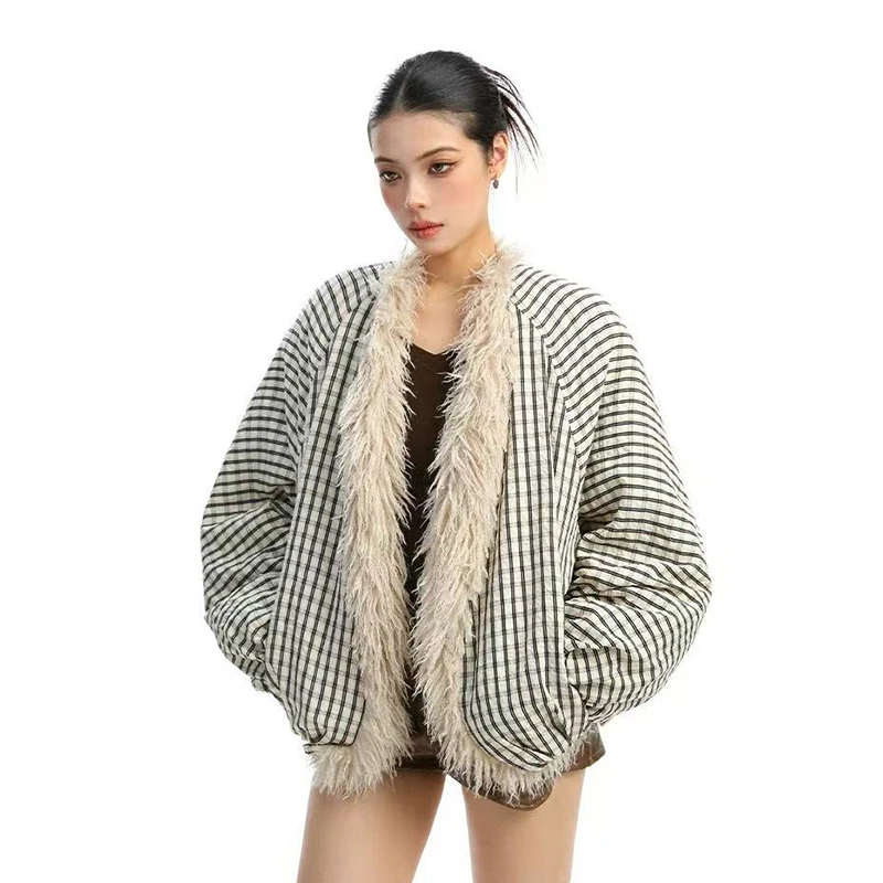 

Plaid Patchwork Faux Fur Jacket Women Y2K Korean Loose Streetwear Fleece Fur Parkas Female Winter Thick Warm Hairy Outwear New