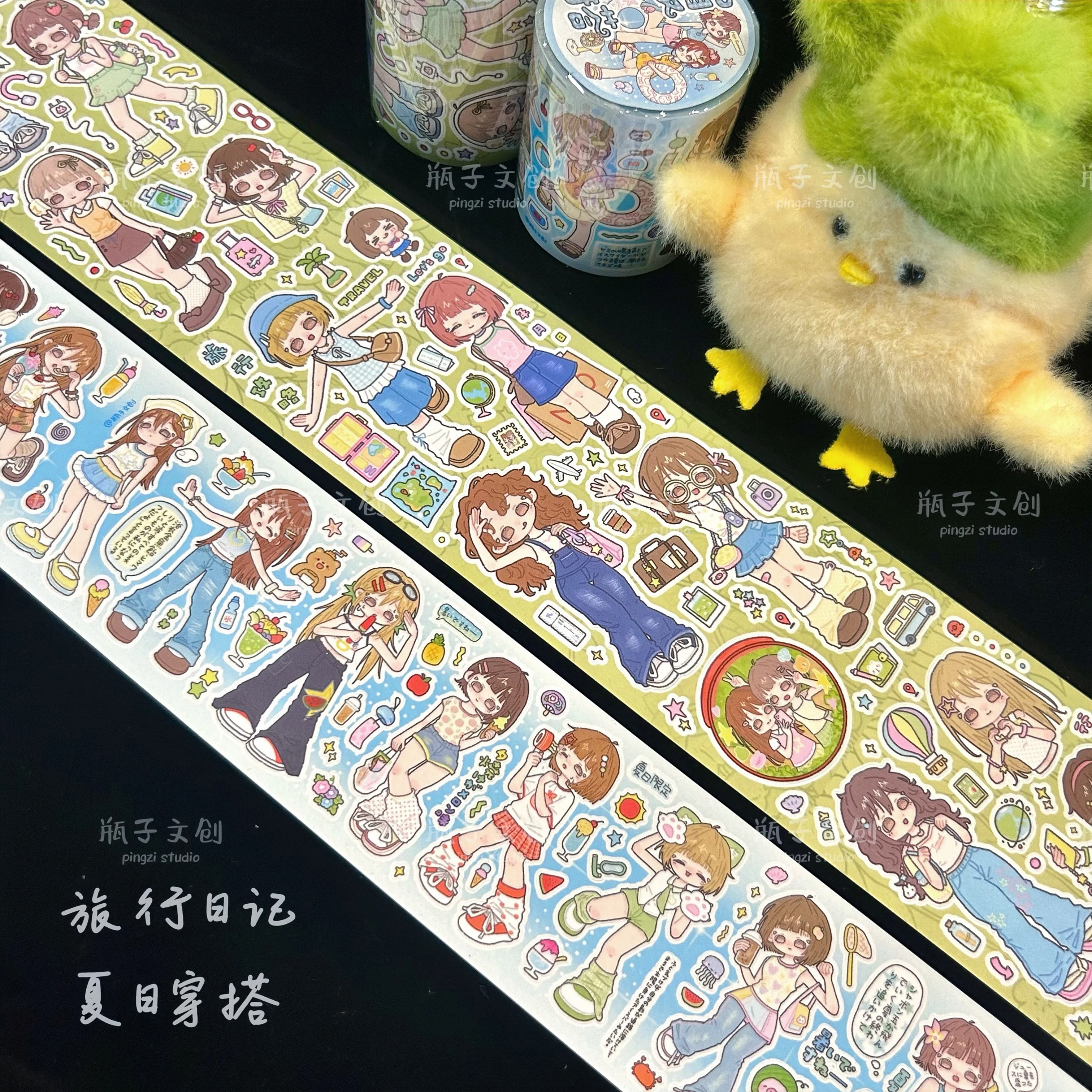

Bottle Summer Outfit Travel Diary Sticker Roll Cute Character Sticker Roll Notebook Tape