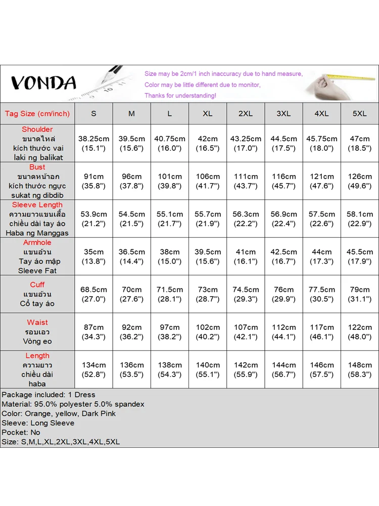 플러스 사이즈 VONDA 보헤미안 여성 플레어 긴팔 맥시 원피스 캐주얼 베스티도, 라운드넥 루즈한 프린트 선드레스, 프릴 긴 로브