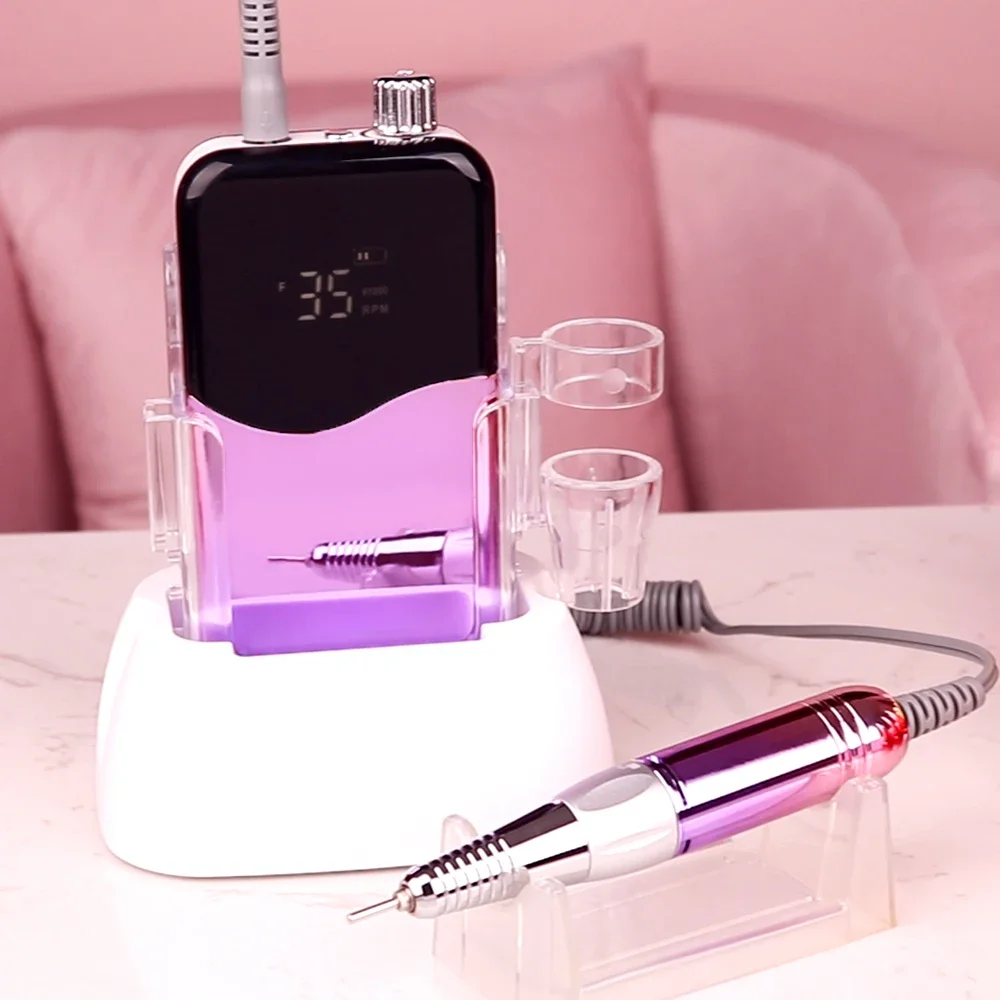 

Purple Cordless Nail Drill Machine 35000RPM Rechargeable Manicure Electric Nail File Drill Portable Desktop Base 35000 Battery