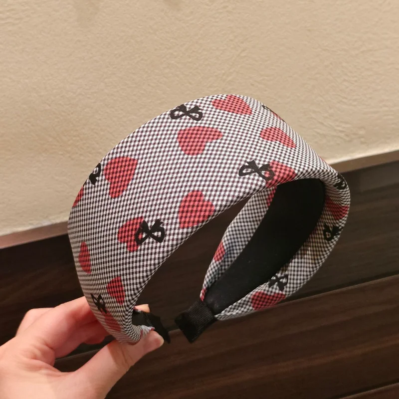 College Style Checkered Bow Headband Hair Bands Vintage Heart Print Fabric Hairband Hairpin view 4