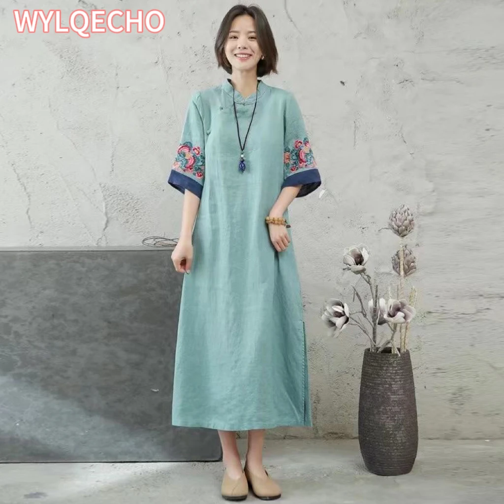 

2024 New Chinese Embroidered Hanfu Qipao Dress Women Traditional National Style Spring Summer Casual Daily Loose Cheongsam