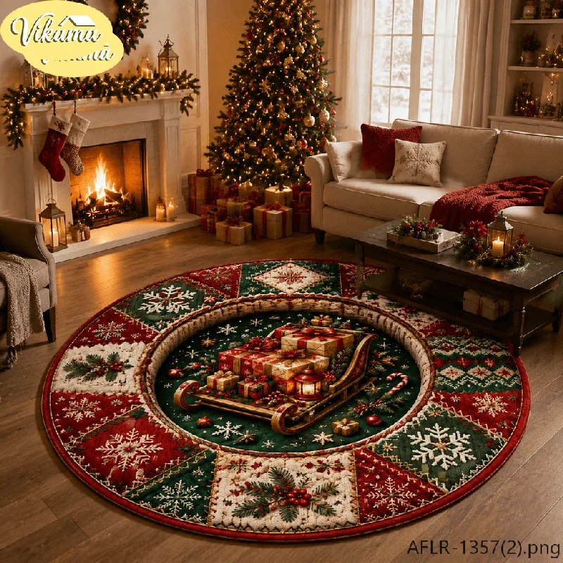VIKAMA 3D Christmas Sleigh Round Rug Flannel Non Slip Circular Carpet Gift Lantern Candy Cane Pattern Living Room Floor Mat Xmas