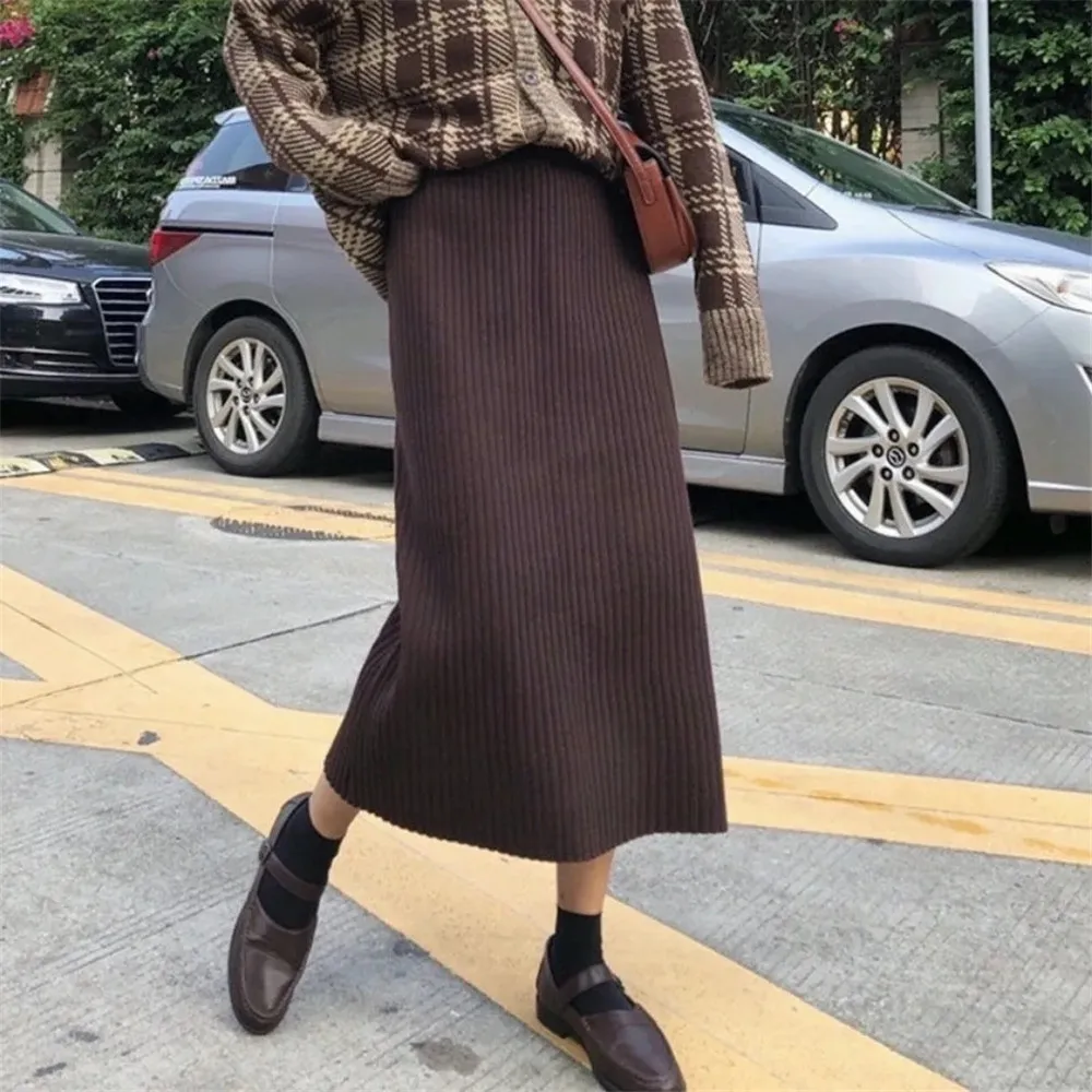 

Fashion Autumn Winter Brown Knitted Straight Skirts Women Korean Black Elastic High Waist Slim Sweater Package Hip Skirt Female