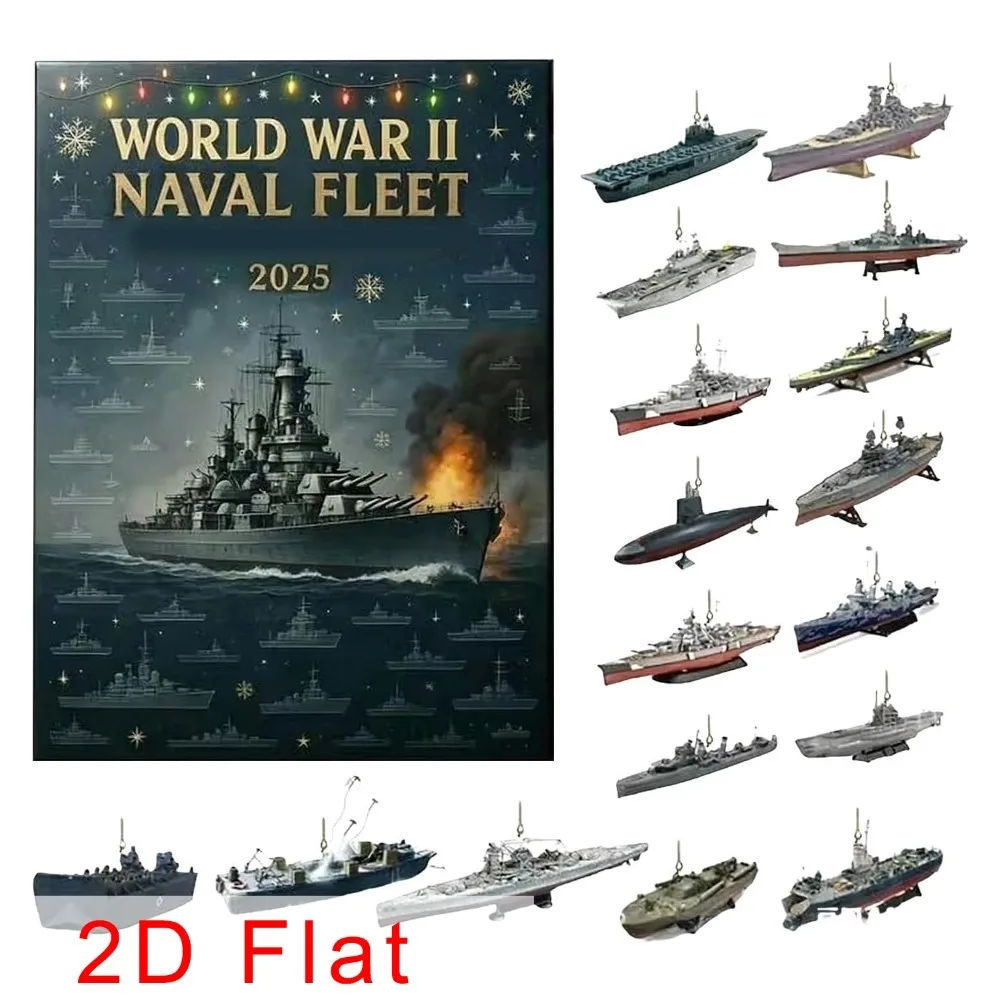 

2D Flat WW2 Naval Fleet Advent Calendars 2025, Ornaments Christmas Countdown Calendar, World War Ship Pendant Advent Calendars