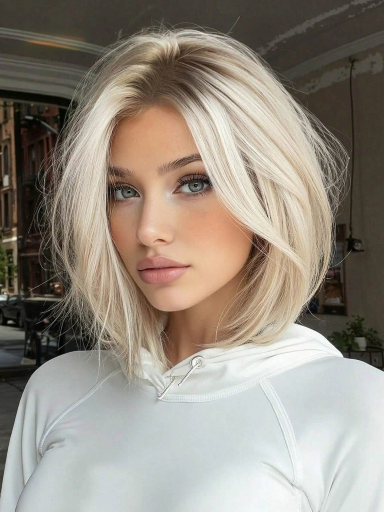 12-inch Women's Short Straight Bob Wig with White Highlights and Dark Roots, Suitable for Cosplay and Daily Wear