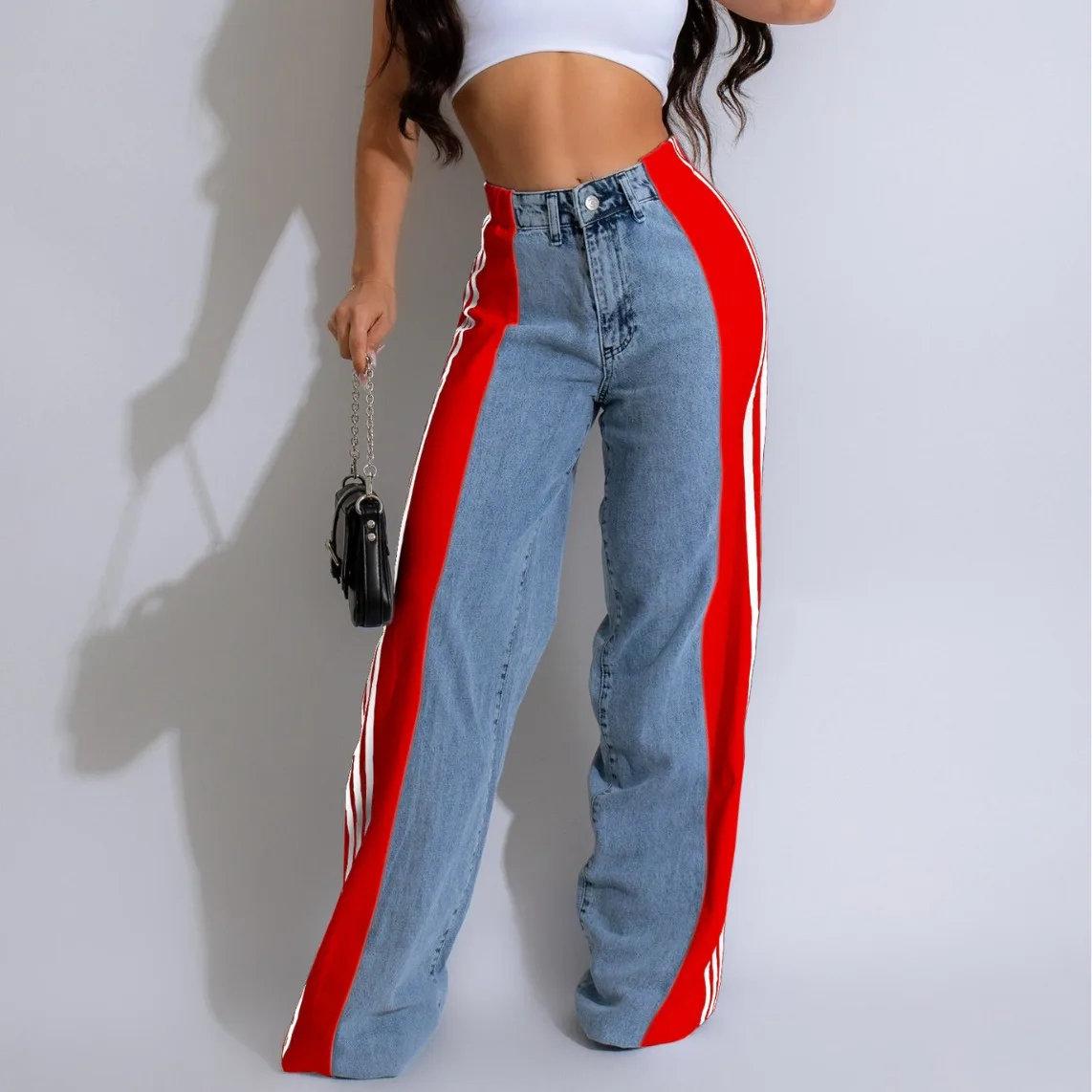 Summer Fashion Splicing Three Striped Wide Leg Denim Trousers Women's New Casual High Waist Elastic Straight Pants