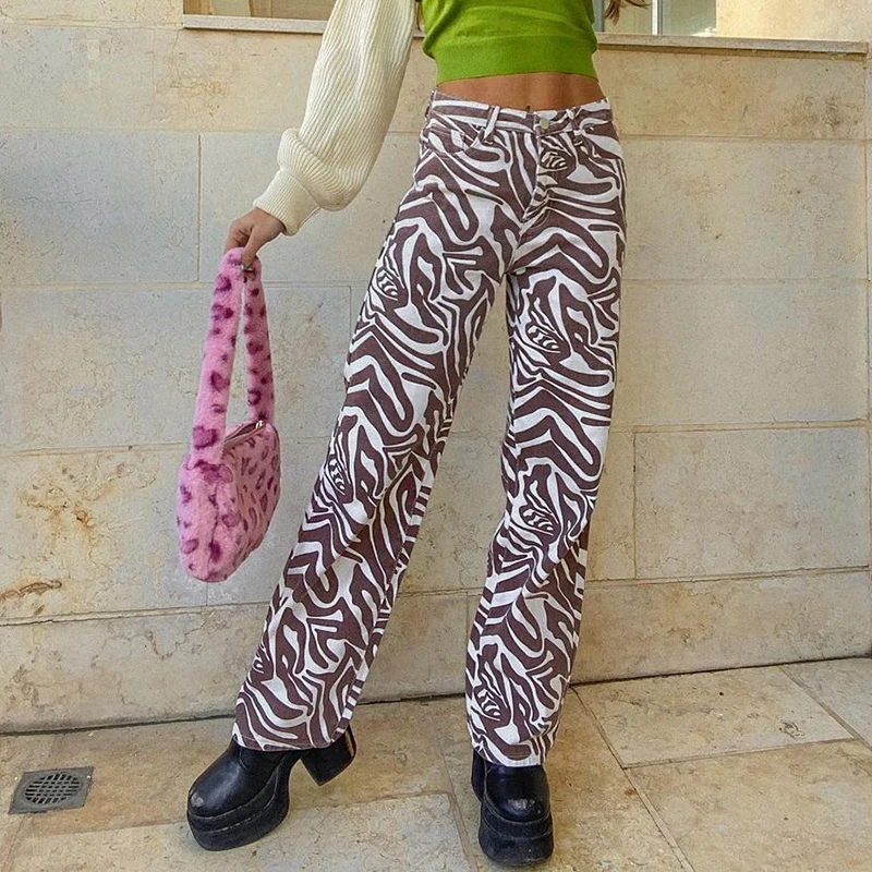 Y2K Women Harajuku Baggy High Waist Casual Vintage Korean Streetwear Zebra Print Straight Pants Capris Female E Girl Trouser New