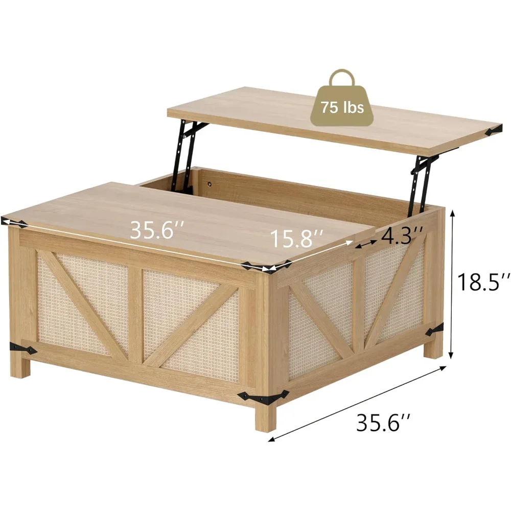 Square Rattan Lift Top Coffee Table with Large Hidden Storage Farmhouse Style Center Table for Living Room And Home Office,Custo