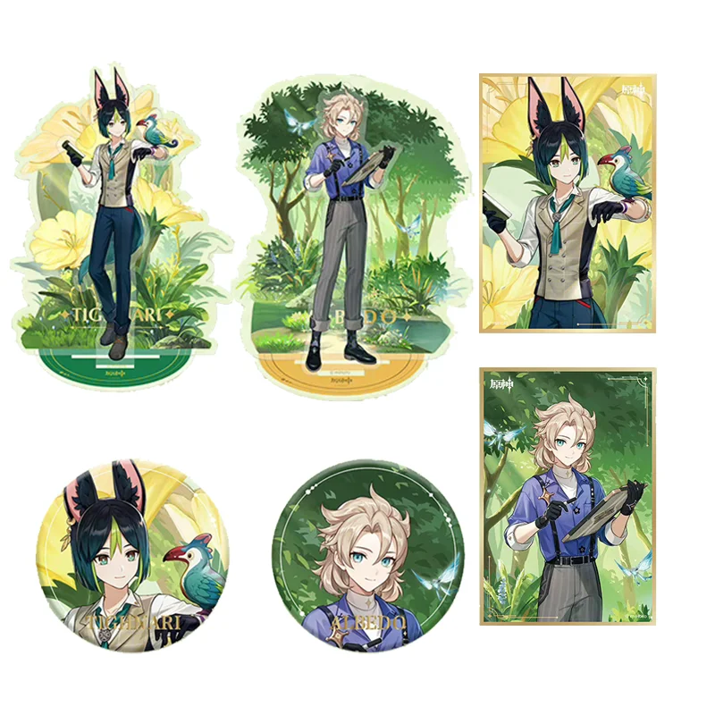 Anime Genshin Impact Tighnari Albedo Forest Adventure Double Plug Acrylic Stand Display Model Colored Paper Badge Brooch Pins