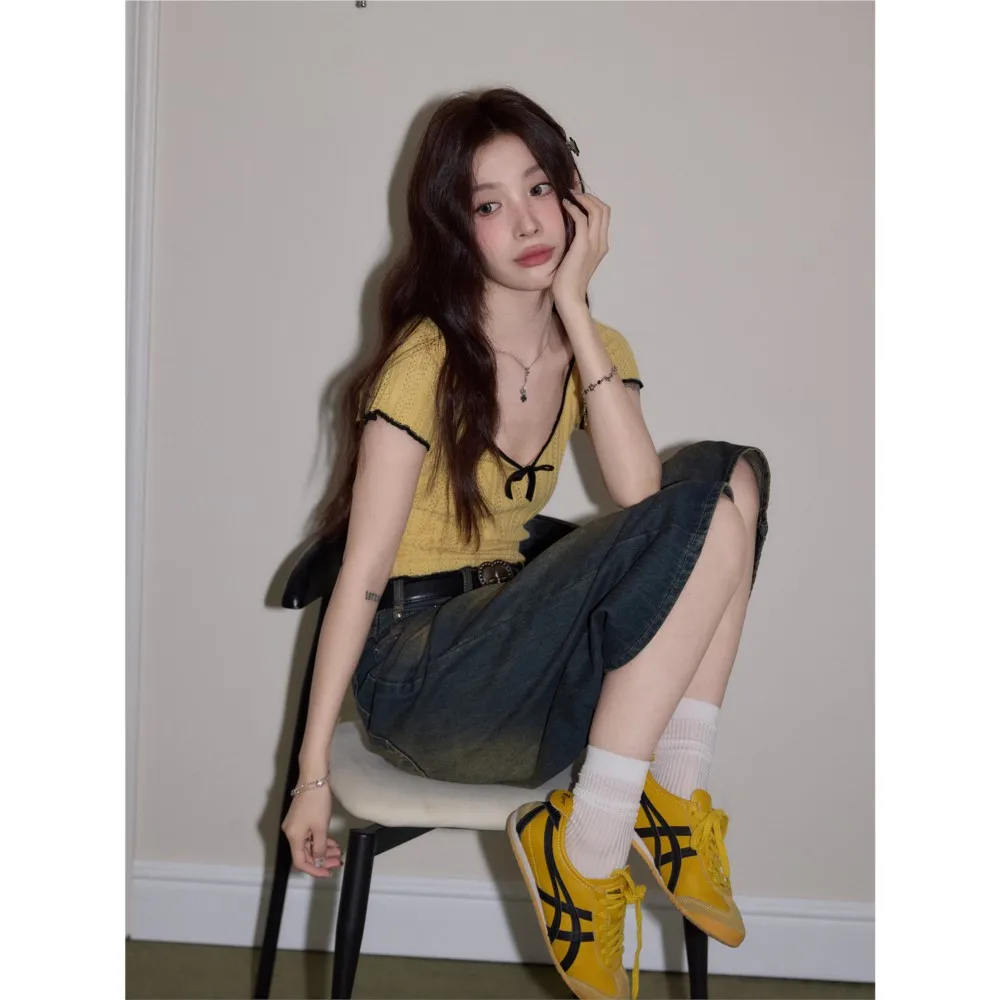 

Casual Simple Style Blusas Short Sleeve Top T Shirt Tees Fresh And Sweet Women's Clothing All-match Slim Contrast V-link Bowknot